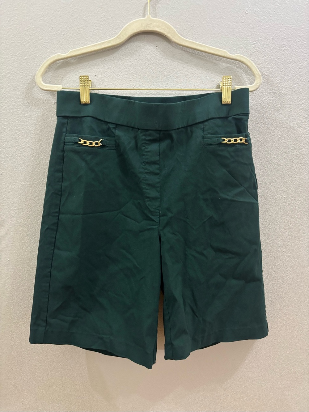 Counterparts Deep Green Tailored Bermuda Shorts with Gold Chain Trim